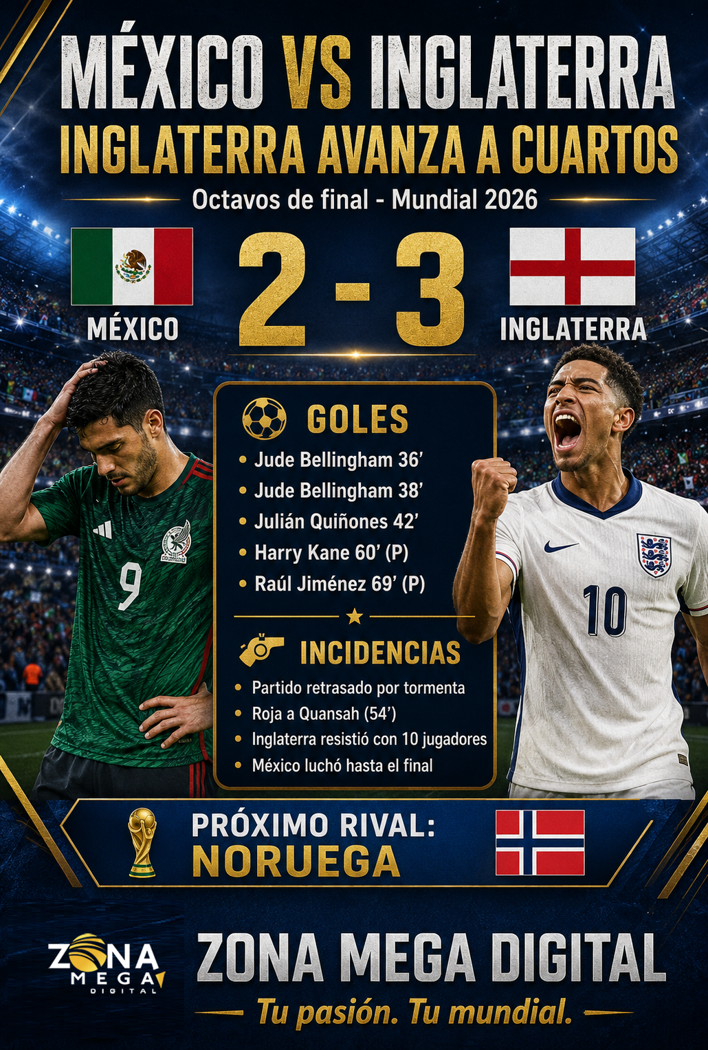 México 2 - 3 Inglaterra